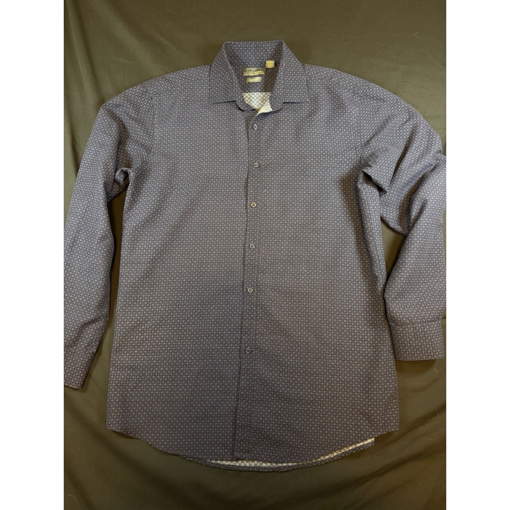 Black Label By Ruffini Navy Blue Geometric Patterned Men's LS Dress Shirt, M